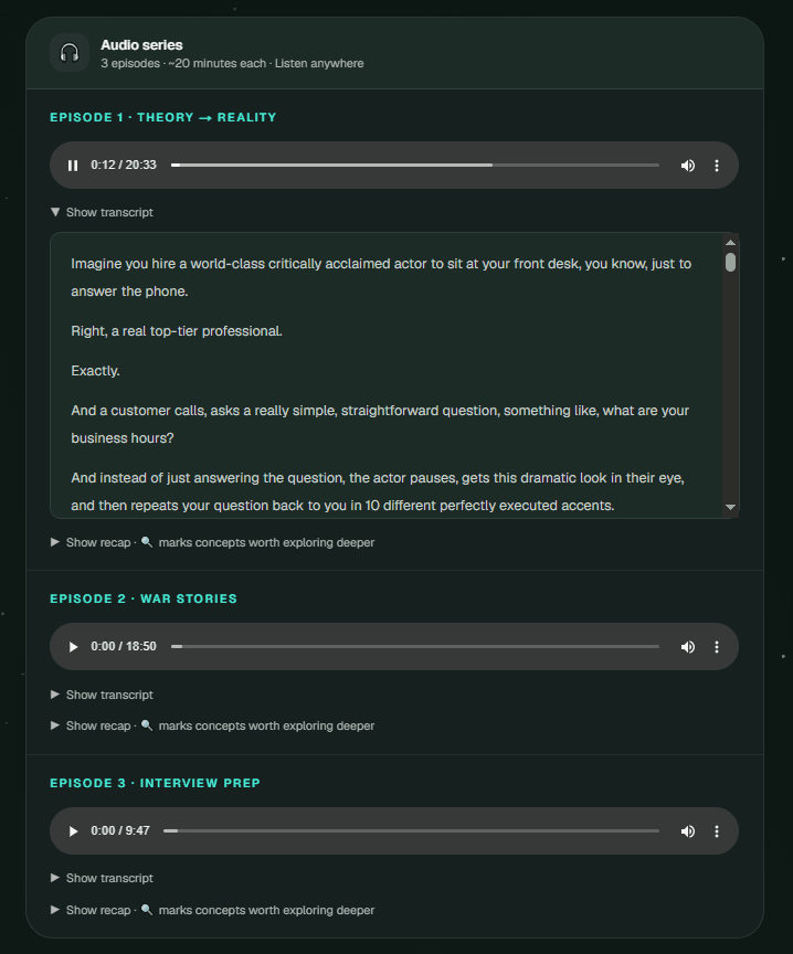 FersmithAI audio lesson with its transcript open in dark mode